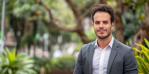 A young man in business attire exudes confidence while posing in an urban park setting