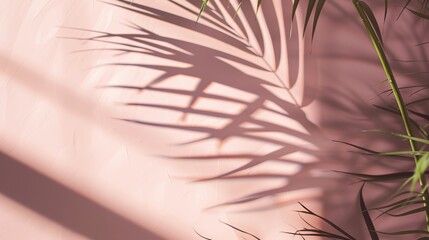 The shadow of a palm leaf on a pink wall.