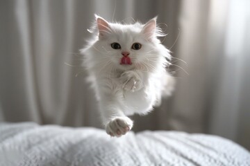 White persian cat with red tongue sticking out on the bed