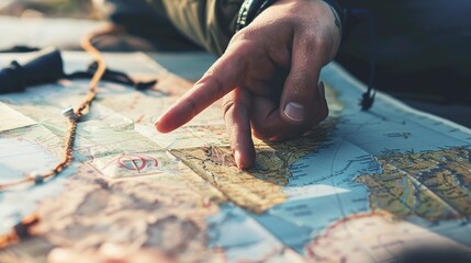 Backpacker navigating with a ship map, close-up on fingers pointing to locations, detailed deck plan 