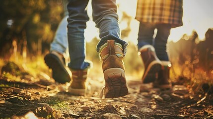 Family hiking through a national park, close-up on child's feet in hiking boots, trail surrounded by nature