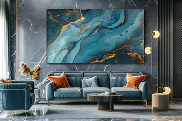 Blue and gold fluid painting in living room interior, marble walls, velvet sofa, golden coffee table, minimalist, modern, abstract