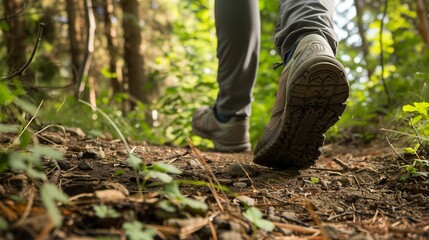 Tourist on a guided nature walk, close-up on feet treading lightly on a forest path, eco-friendly exploration 