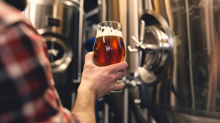 Traveler sipping craft beer at a brewery, close-up on glass and frothy head, brewing vats in background