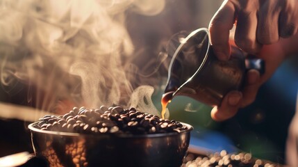 Backpacker enjoying a coffee cupping session, close-up on tasting coffee, rich beans and steam rising