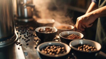 Backpacker enjoying a coffee cupping session, close-up on tasting coffee, rich beans and steam rising 