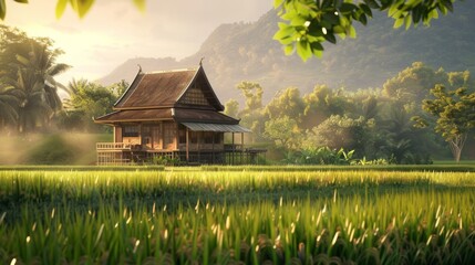 Peaceful scene of a traditional wooden farmhouse surrounded by rice fields, basking in the warm glow of the evening sun.