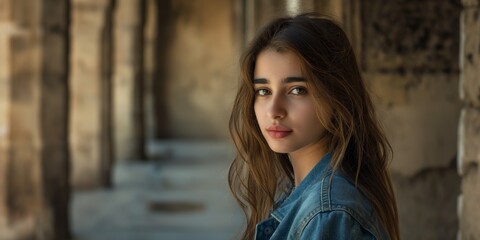 A thoughtful young woman gazes into the distance, a recreation setting as backdrop