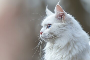 White cat with blue eyes looking at camera on blurred nature background