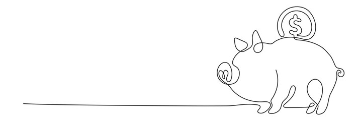 Piggy bank in continuous line art drawing style. Pig moneybox black linear sketch isolated on white background. Vector illustration