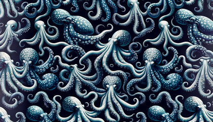 Horizontal pattern depicting octopuses with outstretched tentacles on a dark blue background