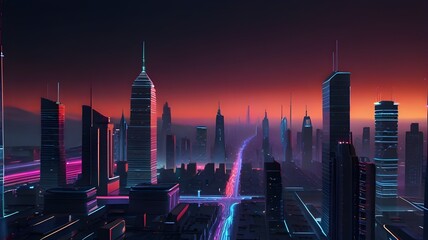 "Experience a neon dream with our 3D render of a futuristic cityscape, complete with glowing ascending lines and abstract shapes. Perfect for a fantastic wallpaper that will transport you to another w