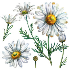 Chamomile flower set separate element isolated on transparent or white backgroud png cutout clipping path