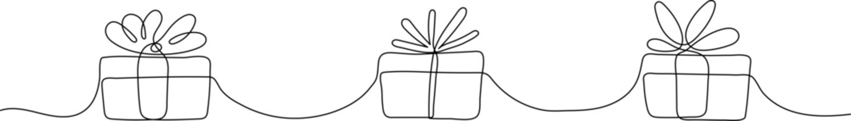 Continuous line drawing of gift box with bow on white background.