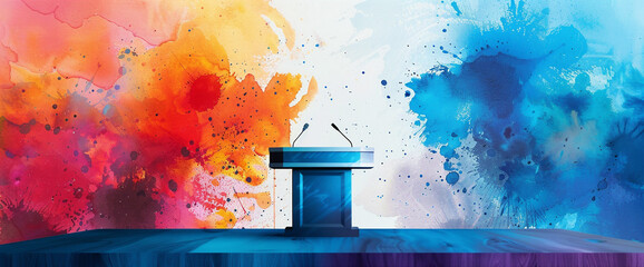 Blue podium with microphones in front of colorful abstract background, watercolor, painting, interior, expressionism - obrazy, fototapety, plakaty