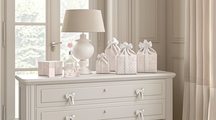 a white chest of drawers adorned with a bottle of pink flowers, a stylish lamp, and gift bags and boxes with delicate white bows, set against the backdrop of a window framed by a beige curtain.