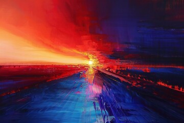 Abstract scene of the sun on a background of blue and red sky