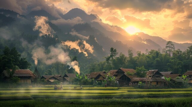 Rural village nestled among rice fields, with smoke rising from chimneys as families prepare dinner against the backdrop of the setting sun.