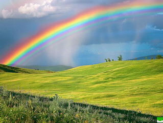 A vibrant rainbow arches over a lush green field under a clear blue sky.