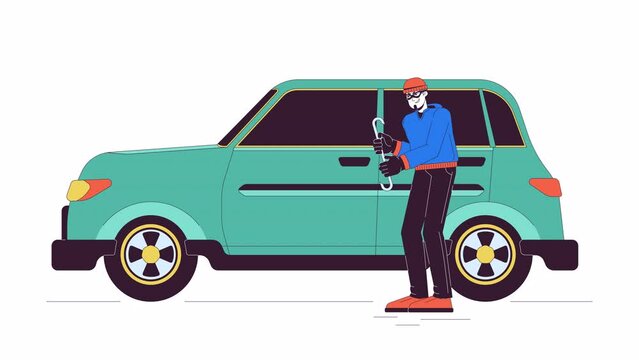 Male thief breaking into car line cartoon animation. Criminal actions 4K video motion graphic. Caucasian man with crowbar near auto 2D linear animated character isolated on white background