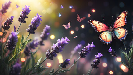 Sunny summer nature background with fly butterfly and lavender flowers with sunlight and bokeh