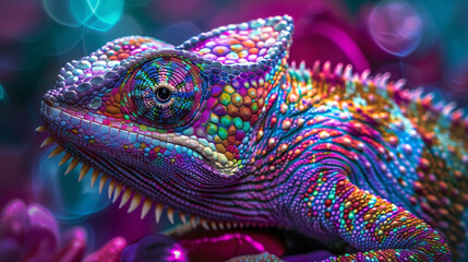 Fototapeta premium A closeup of a rainbow chameleon with vibrant colors and intricate patterns, set against a blurred background of bokeh lights, in the style of digital art.