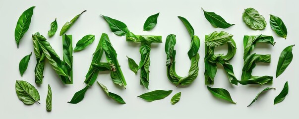 A word NATURE made of green leaves on a white background