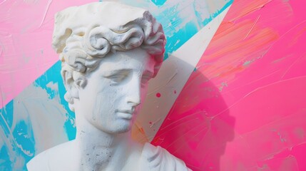 Surrealistic plaster head statue on neon geometric background.