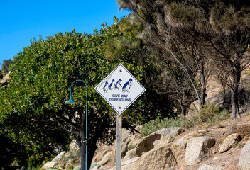 Notice that says give way to penguins seeks to protect the animal nature of Granite Island in Australia.