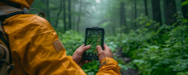 Hiker using GPS in lush forest