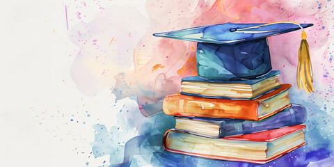 A vibrant watercolor style illustration of a graduation cap resting on a stack of colorful books, symbolizing achievement and the joy of learning.