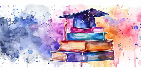 A vibrant watercolor style illustration of a graduation cap resting on a stack of colorful books, symbolizing achievement and the joy of learning.