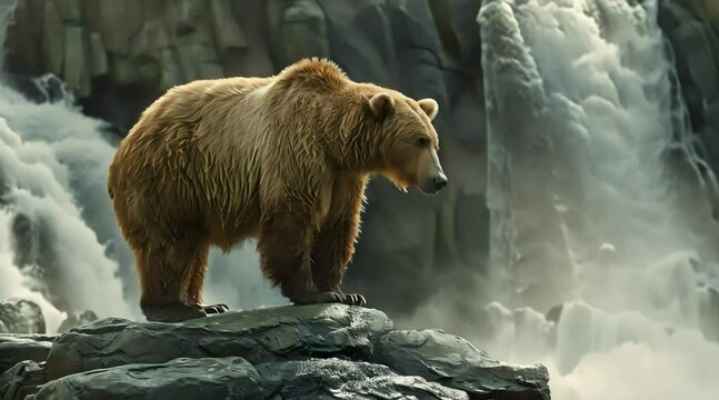 A bear on a rock near a waterfall (mov) made with Ai generative technology