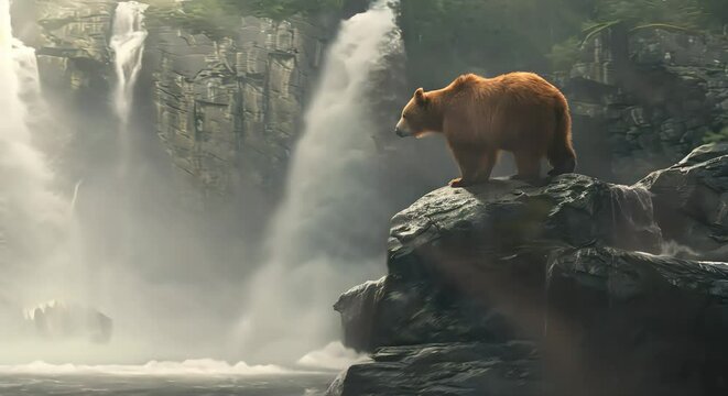 A bear on a rock near a waterfall (mov) made with Ai generative technology
