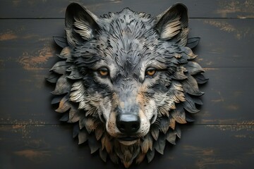 The head of a wolf made of metal on a wooden background
