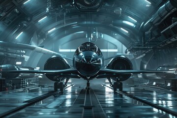 Hightech aerospace design facility, rendered in 3D with scifi elements and moody lighting,