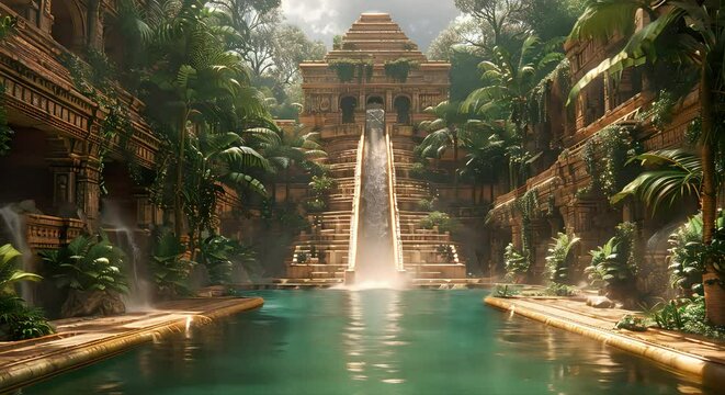 A slide made of gold into a pool with an Azteq pyramid (mov) made with Ai generative technology