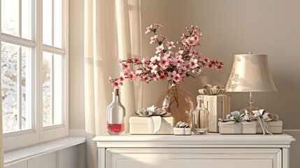 a white chest of drawers adorned with a bottle of pink flowers, a stylish lamp, and gift bags and boxes with delicate white bows, set against the backdrop of a window framed by a beige curtain.