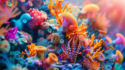 Undersea world of vibrant coral and exotic fish species in surreal colors, digital art