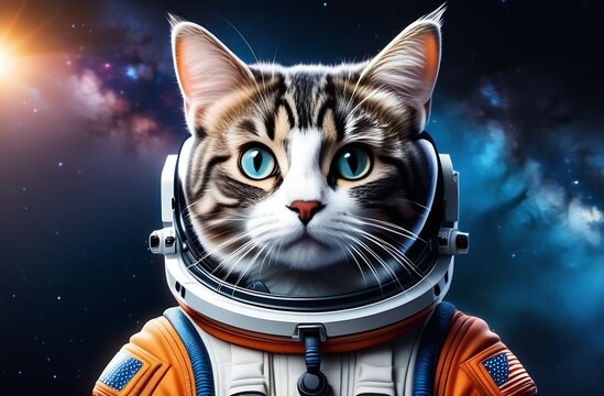 Cosmonaut cat in astronaut costume on the background of the colorful galaxy of the universe, close-up