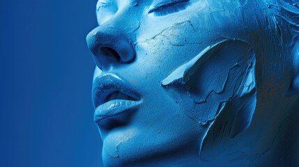 Modern collage of emotional woman kissing statue head on blue background