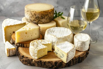 Assorted goat and cow cheese with white wine on Portuguese cork boards grey background Square image with space for text