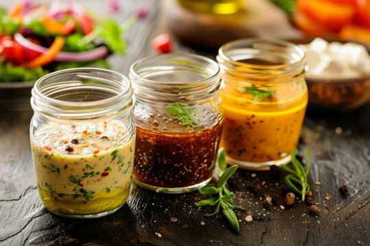 Assorted homemade sauces and dressings in jars like vinaigrette ranch and honey mustard