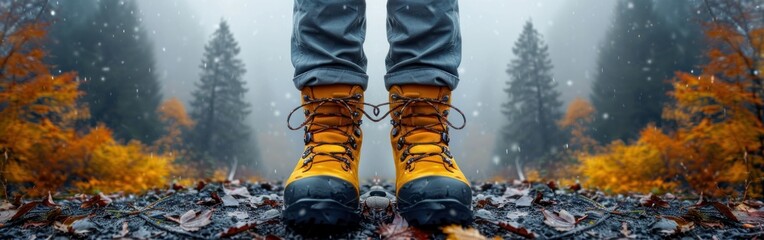 Yellow boots standing atop a mound of autumn leaves