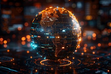A holographic globe with trade routes and data streams, highlighting global commerce and the digital economy