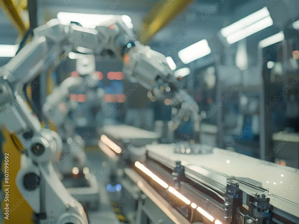 Poster robotics and automation in factory, robotic arms at work