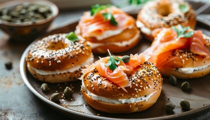 Bagels with smoked salmon cream cheese and capers displayed on a table as a plated meal