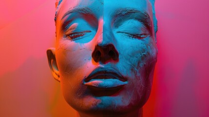Surreal plaster head statue collage on bright background.