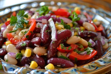 Bean salad with sweetcorn roasted peppers red onion in vinaigrette dressing