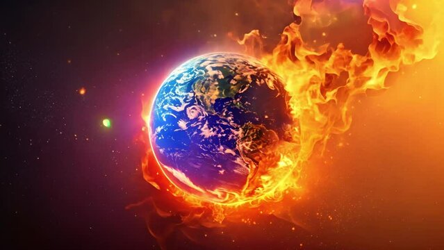 the Earth wrapped in a heat map showing temperature increase, with the equator areas emitting smoke and fire under a scorching sun